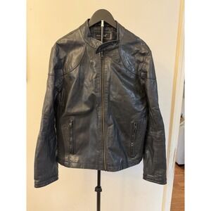 Black Rivet Mens Black Genuine Leather Moto Jacket Size L